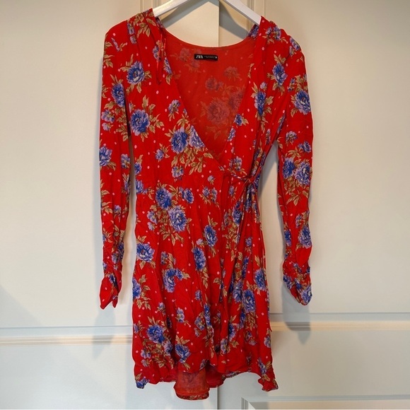 Zara Dresses & Skirts - Zara Red Floral Wrap Sleeved Summer Dress - XS